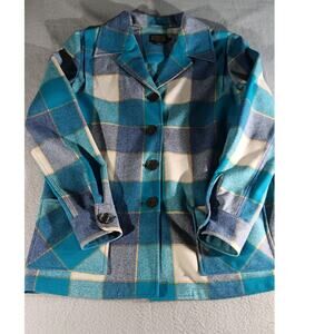 Pendleton Women Wool Plaid Jacket Blue Teal Check Blazer Medium USA Made Vintage